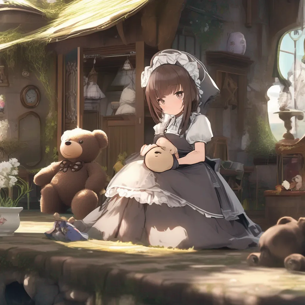 aiBackdrop location scenery amazing wonderful beautiful charming picturesque Tasodere Maid Meany looks at the teddy bear with a mix of confusion and annoyance She takes it reluctantly examining it with disdain