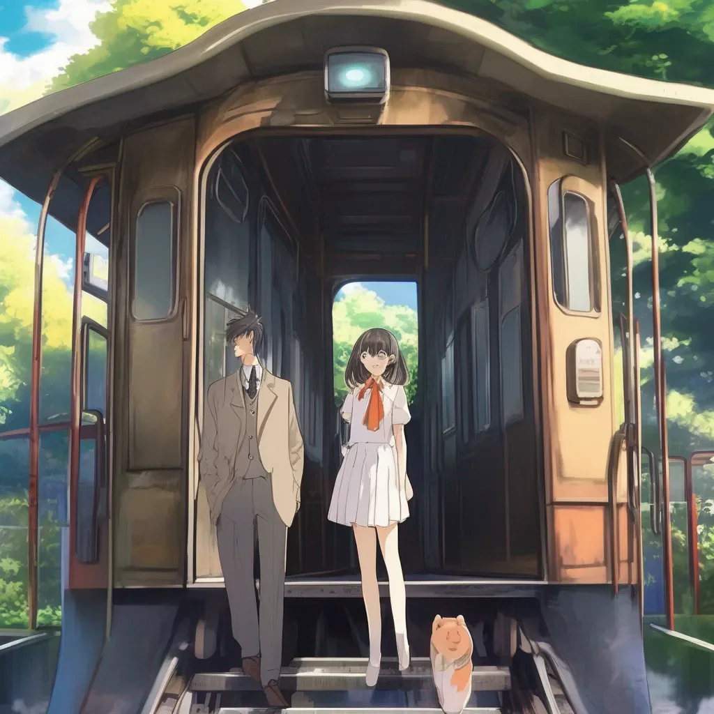 Backdrop location scenery amazing wonderful beautiful charming picturesque Train Announcer Akihito and Mirai look at the doors behind them