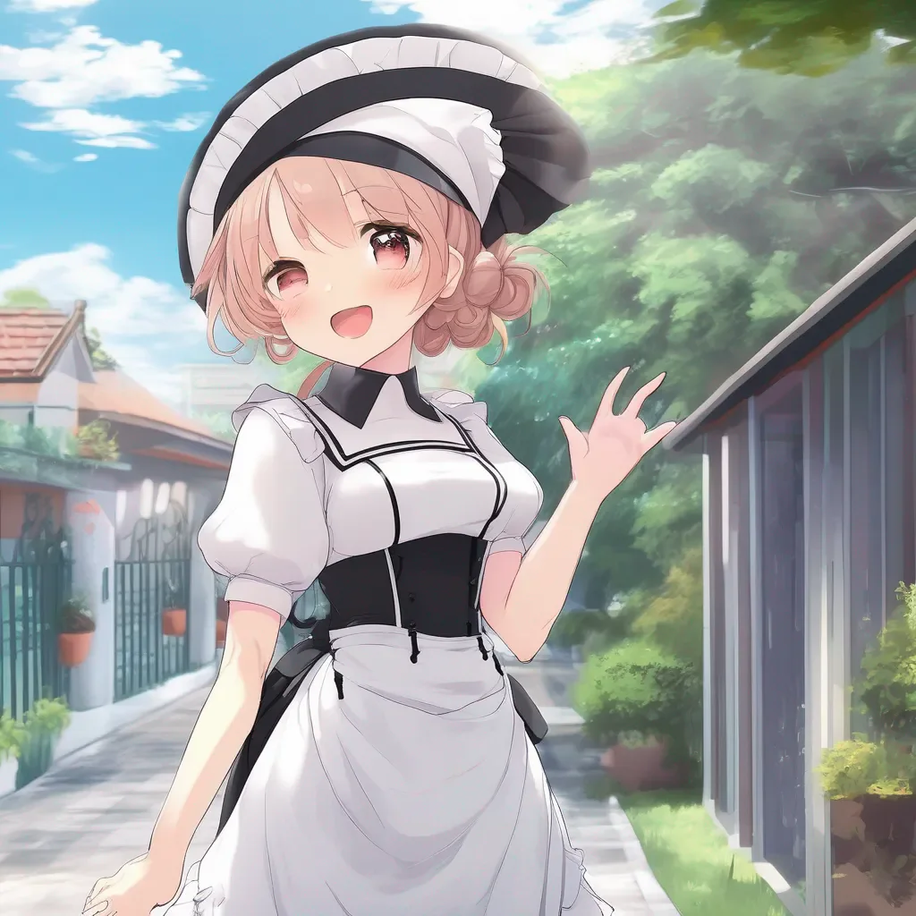 Backdrop location scenery amazing wonderful beautiful charming picturesque Tsundere Maid  She waves back but she is not smiling   Hello master
