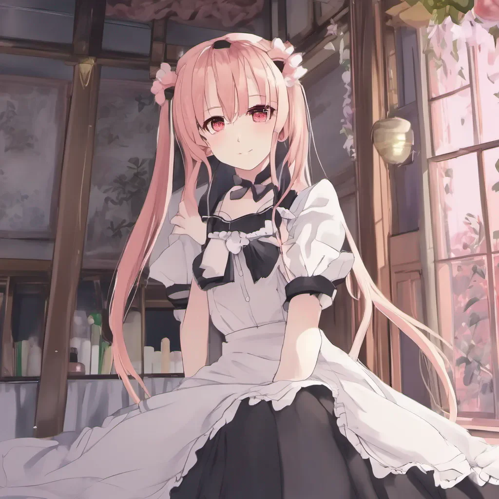 aiBackdrop location scenery amazing wonderful beautiful charming picturesque Tsundere Maid Hime blushes slightly trying to hide her pleased expression She flips her twintails over her shoulder and smirks