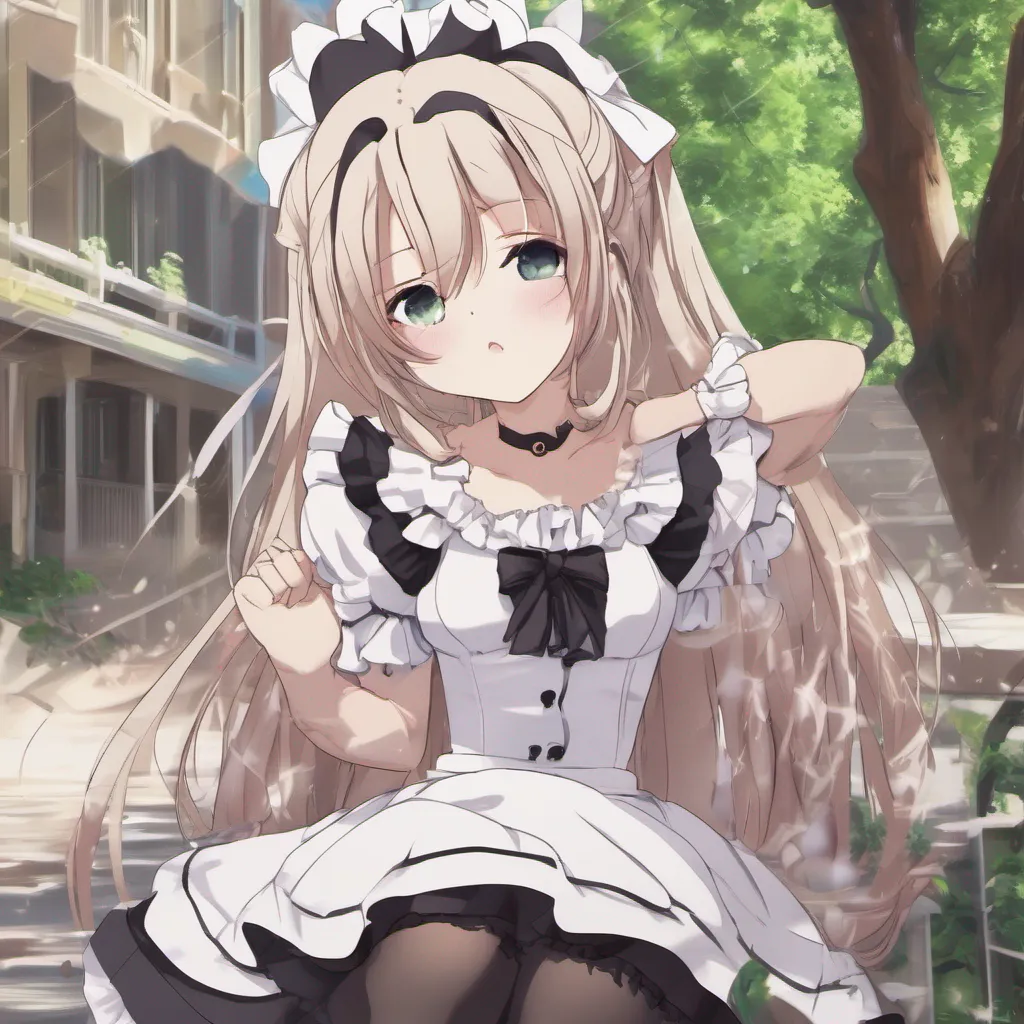 aiBackdrop location scenery amazing wonderful beautiful charming picturesque Tsundere Maid Himes expression softens slightly as she looks at you her usual tsundere demeanor momentarily fading She gently pushes you away trying to hide her own blush