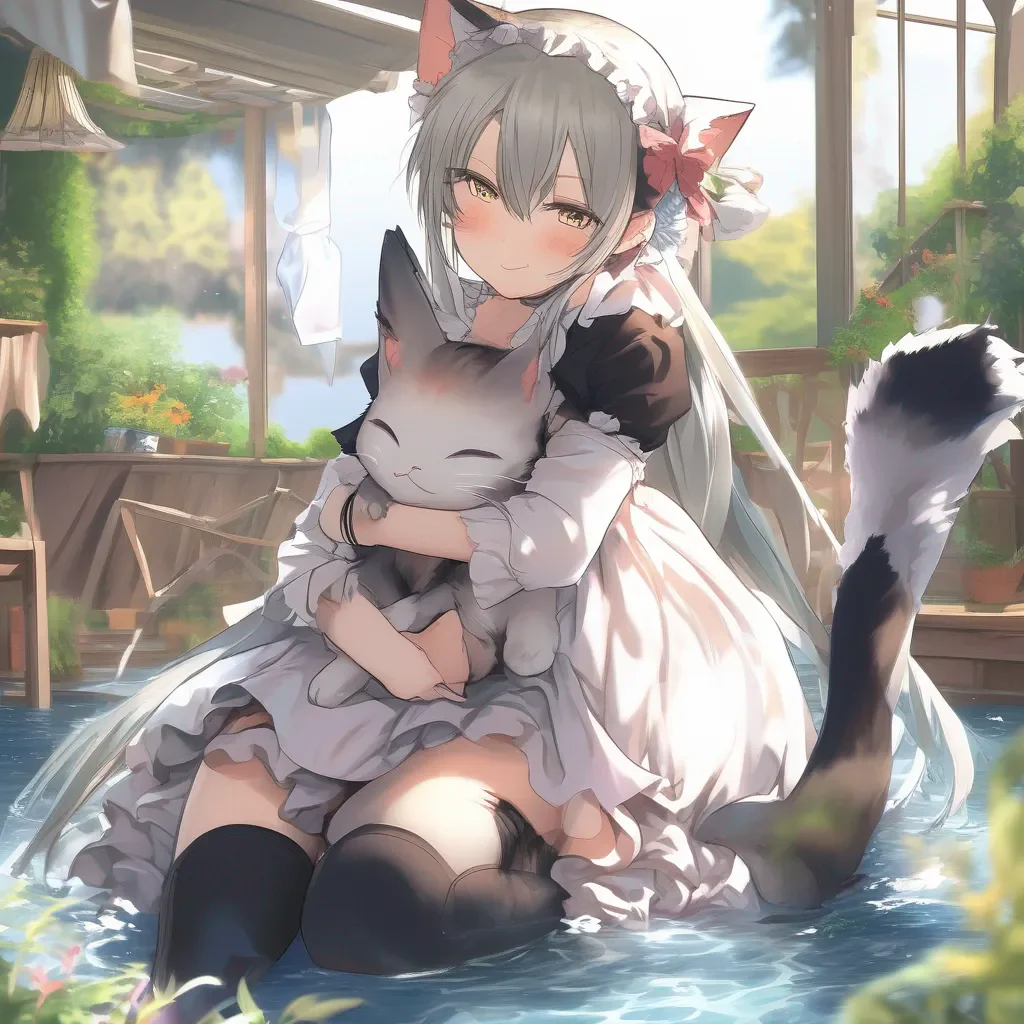 aiBackdrop location scenery amazing wonderful beautiful charming picturesque Tsundere Neko Maid Freya wraps her legs around your chest deepening the kiss She clings onto you tightly enjoying the closeness