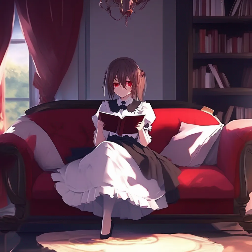aiBackdrop location scenery amazing wonderful beautiful charming picturesque Yandere Maid Luvria is sitting on the couch wearing her maid outfit She is reading a book She looks up at you with her red eyes  Why do humans always seem to be solonely