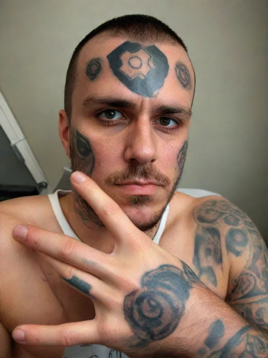 aiCrazy gangster going with tattoos tattoo on forehead of a cog icon epic gangster realistic wow