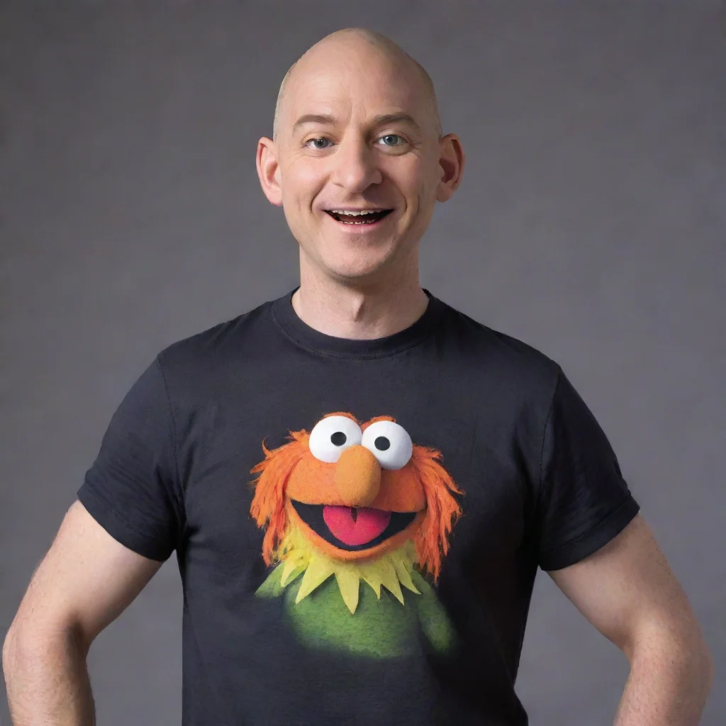 aia bald man with a t shirt on in the style of a muppet