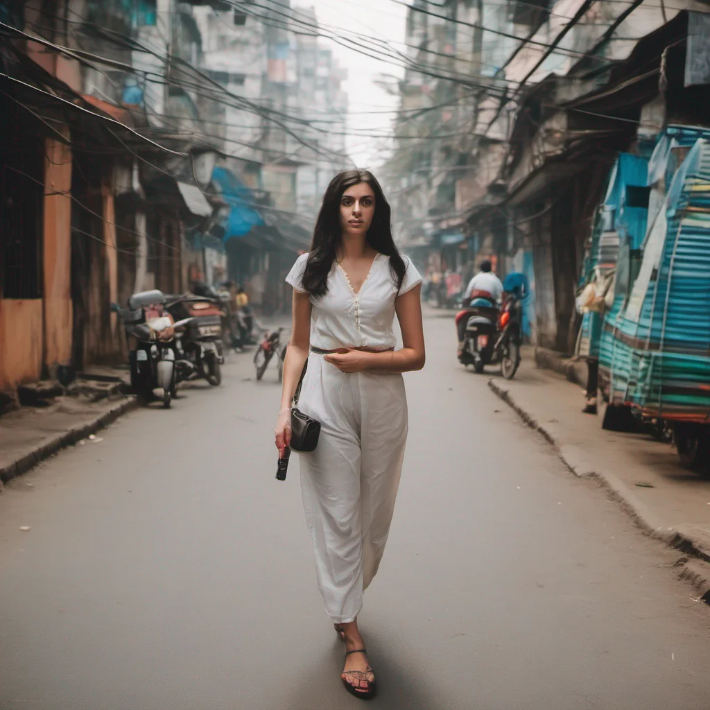 aia beautiful black haired white girl walking on the streets of kolkata