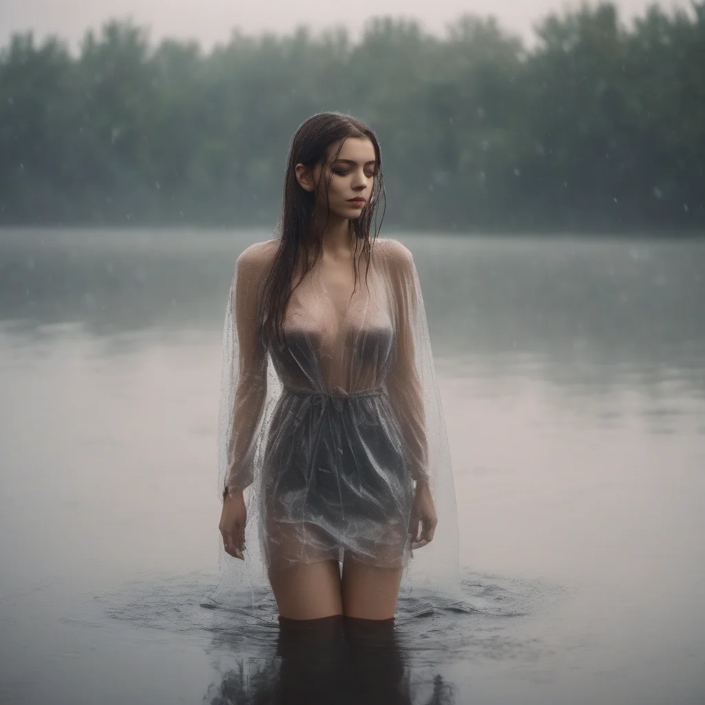 a beautiful young girl in a short wet transparent dress in a rainy foggy lake