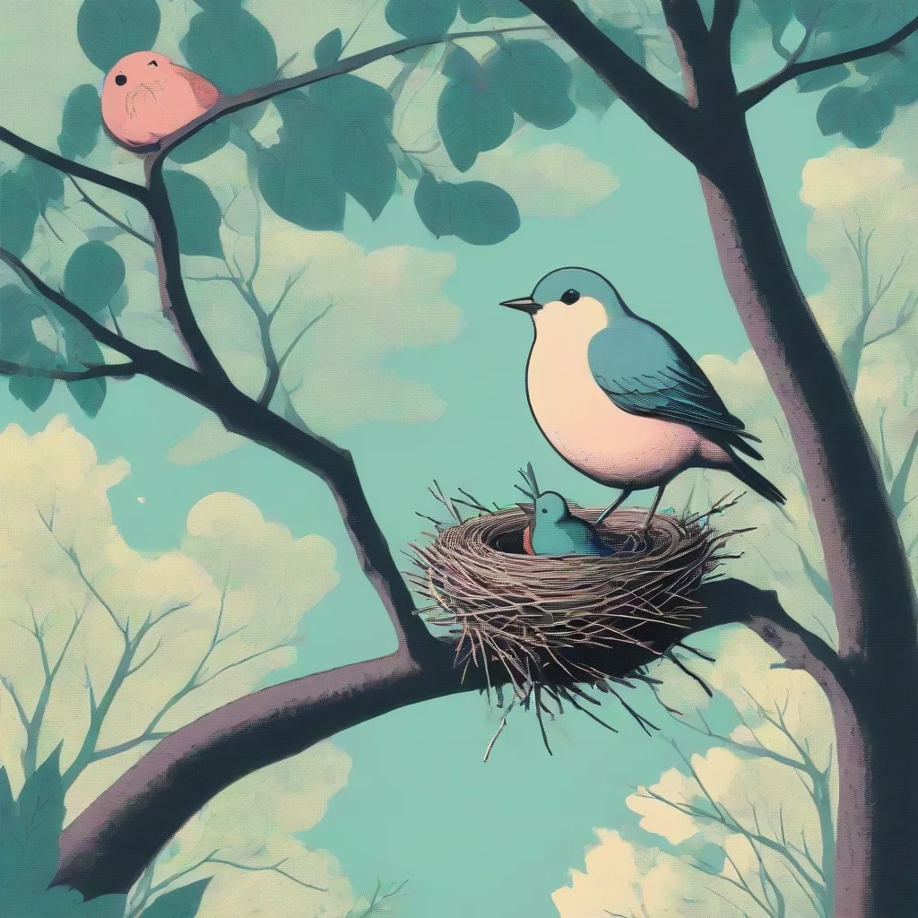 aia bird on a branch next to a nest in a lush tree in beautiful nature  risograph  in the style of chris ware ar 54