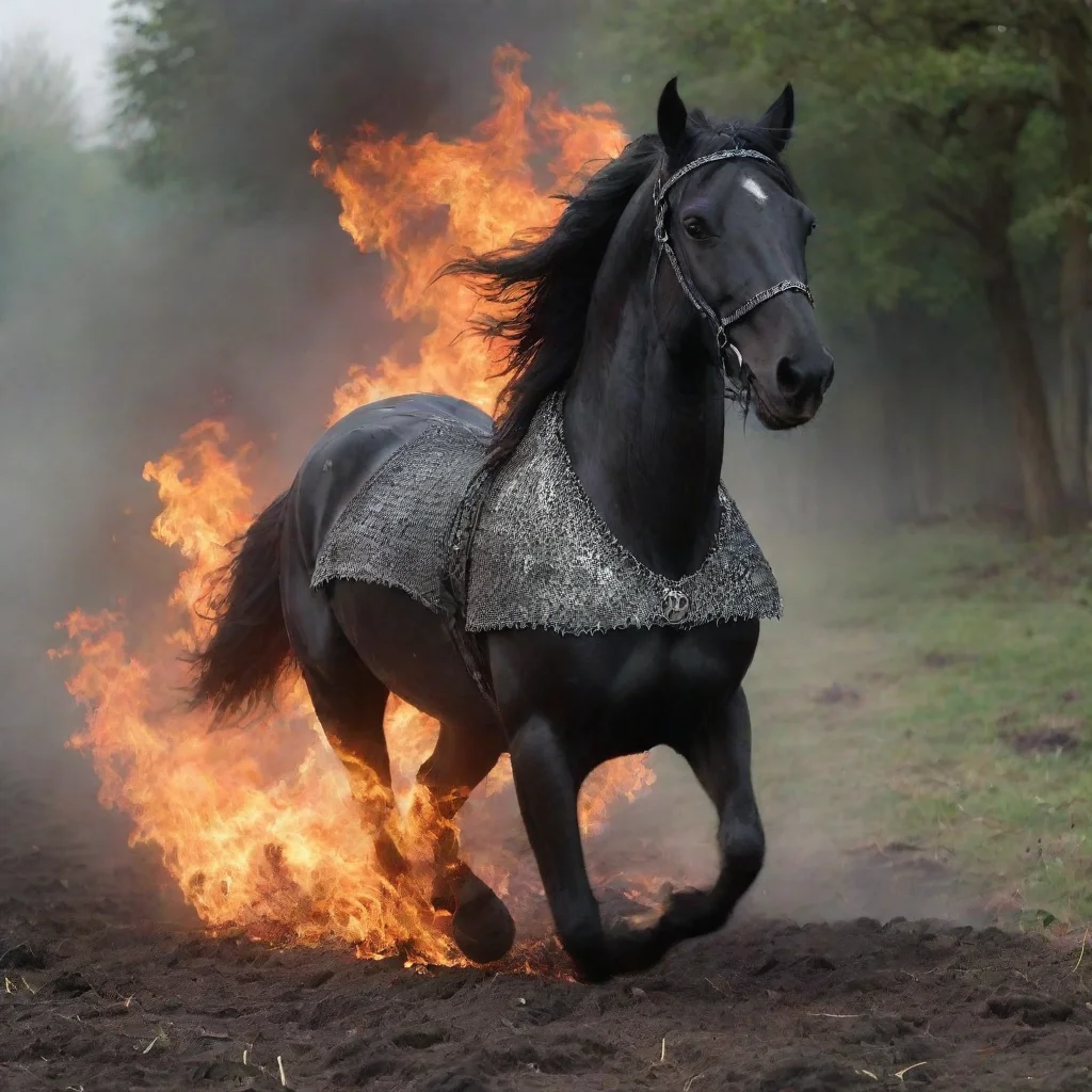 aia black horse wearing chainmail coiffe running through fire