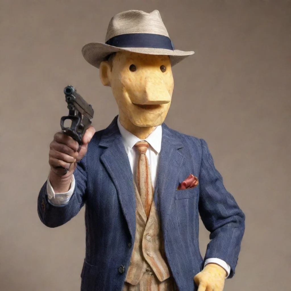 aia cheese headed man whit a fedora in an italian striped suit whit a gun