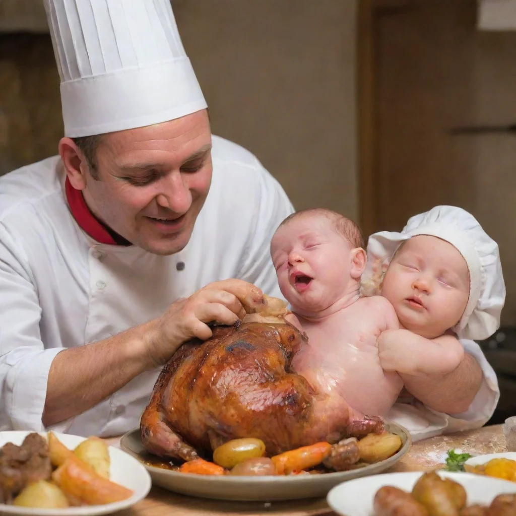 aia chef preparing a newborn baby as a roast dinner