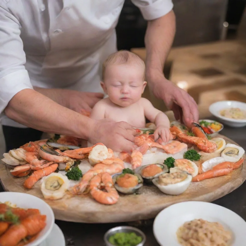 aia chef preparing a newborn baby as a seafood platter
