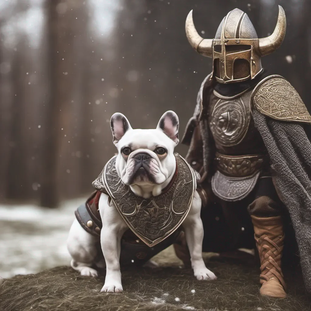 aia cosmic french bulldog dressed as a viking warrior after an epic battle