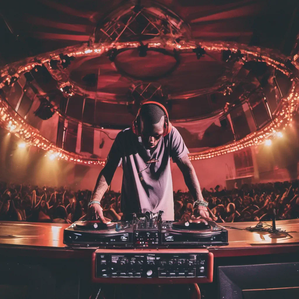 a dj spinning on stage at an event called hell on earth