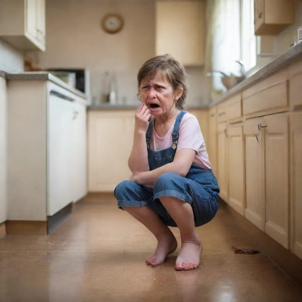 aia dominant looking woman in her 50s in the kitchen. not wearing any shoes. there is a little girl sitting on the kitchen floor. she is crying. the woman is agnry at her.