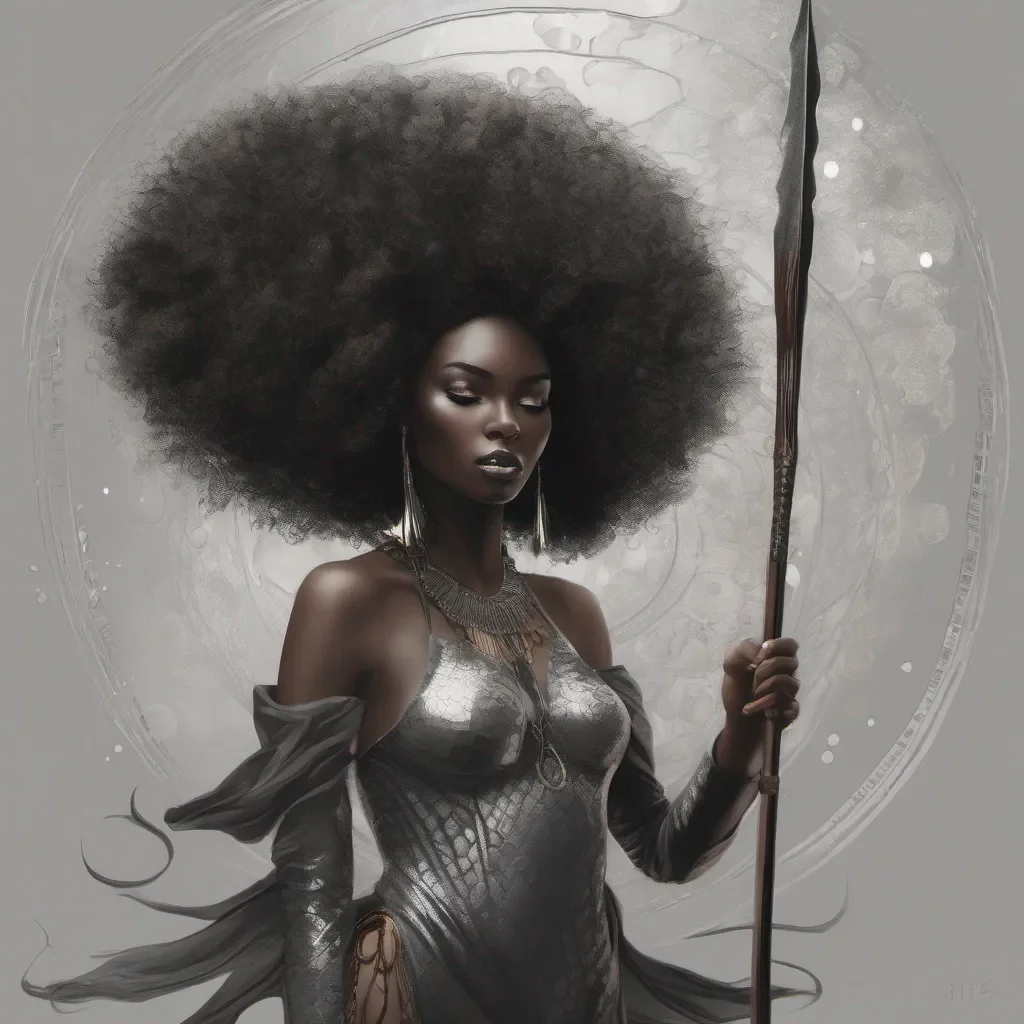 aia ethereal black mermaid womain with a afro and a spear good looking trending fantastic 1