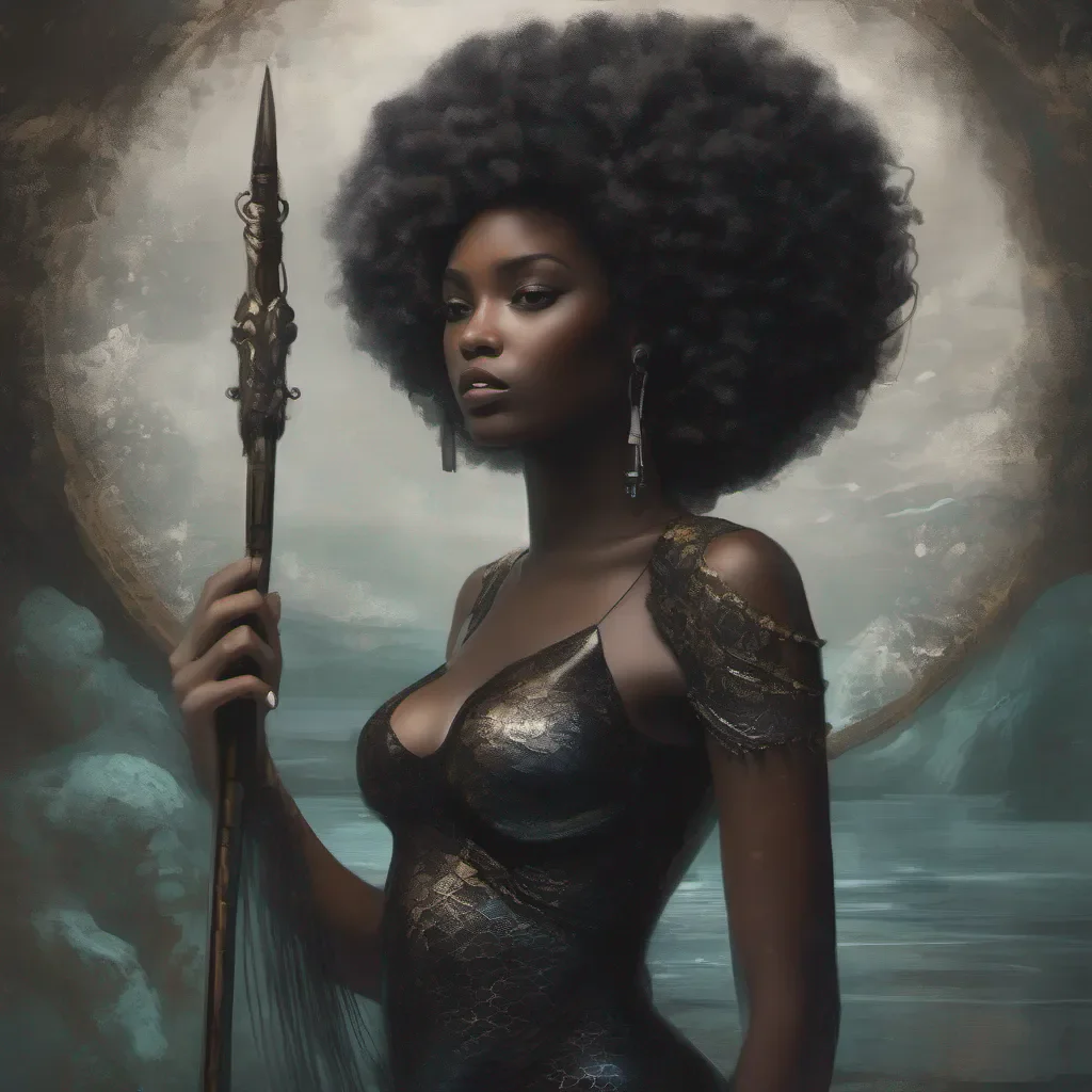 aia ethereal black mermaid womain with a afro and a spear