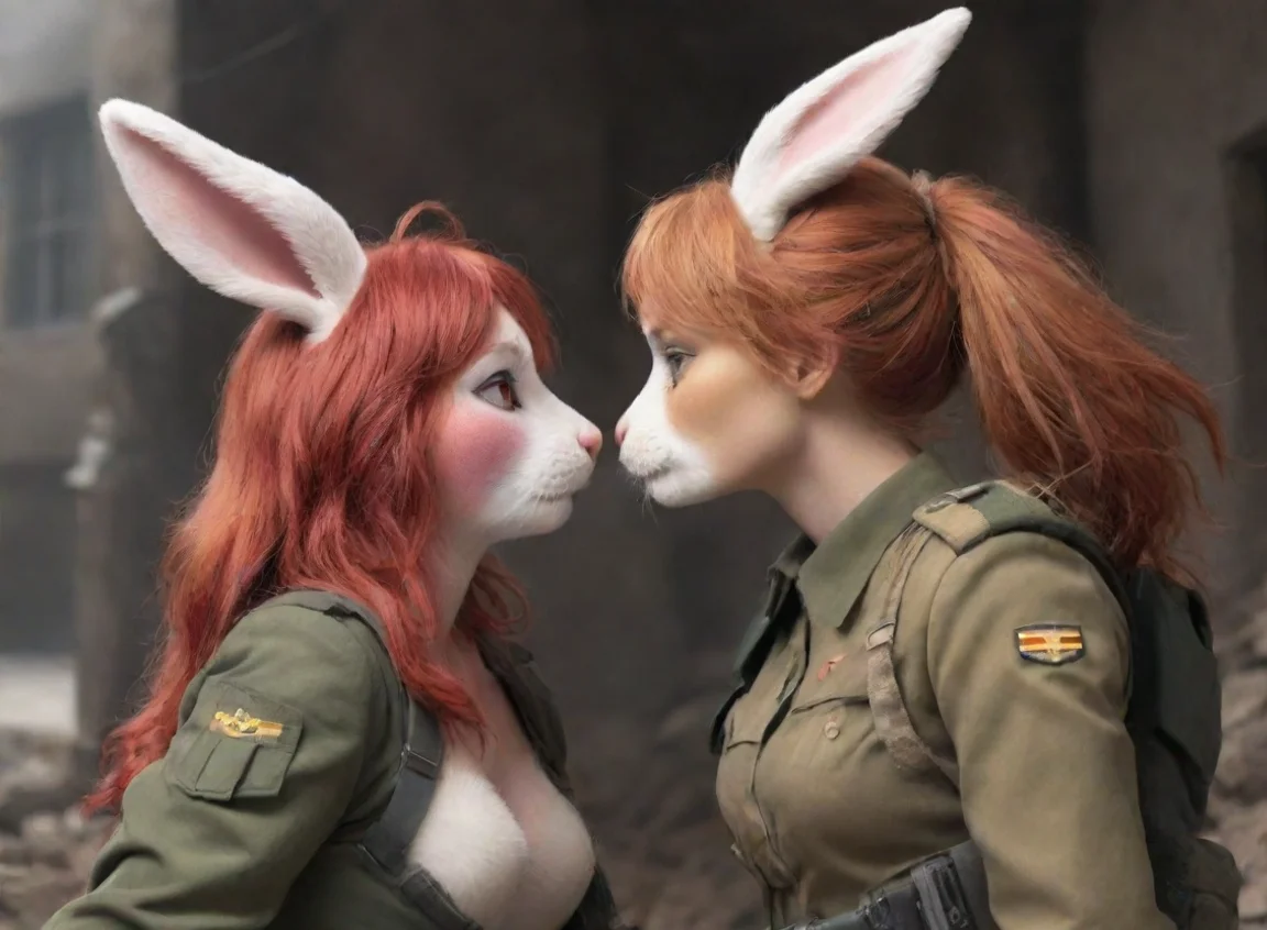 aia female anthro bunny tomboy redhead and a male bearded swedish soldier kissing in a warzone landscape43