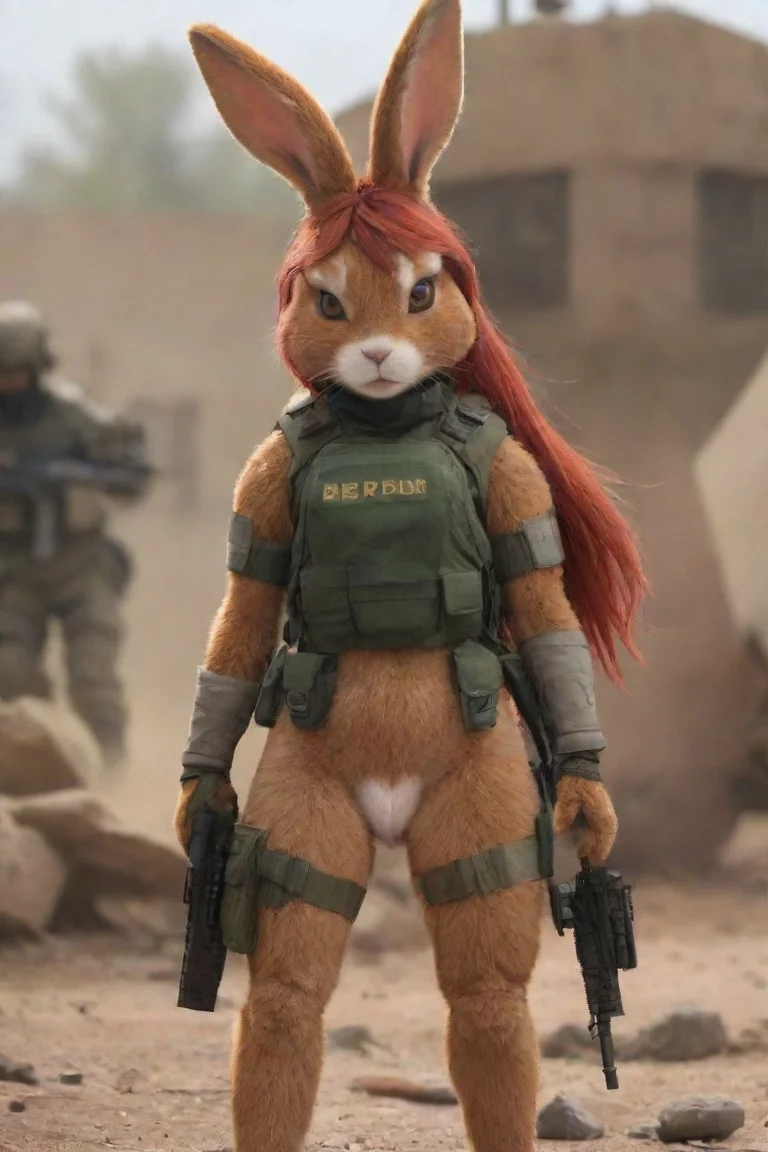 aia female anthro furry rabbit redhead with ptsd in a warzone hd portrait