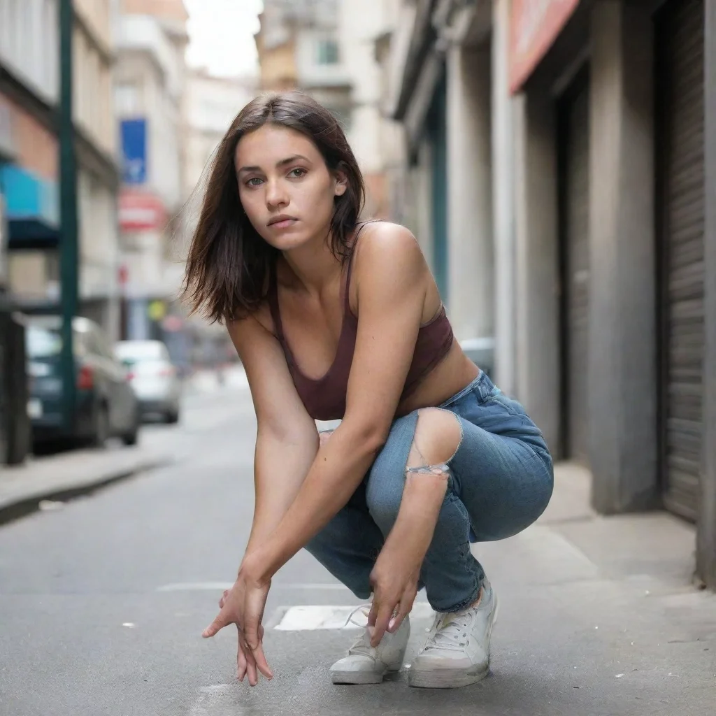 aia female crouch down on street.