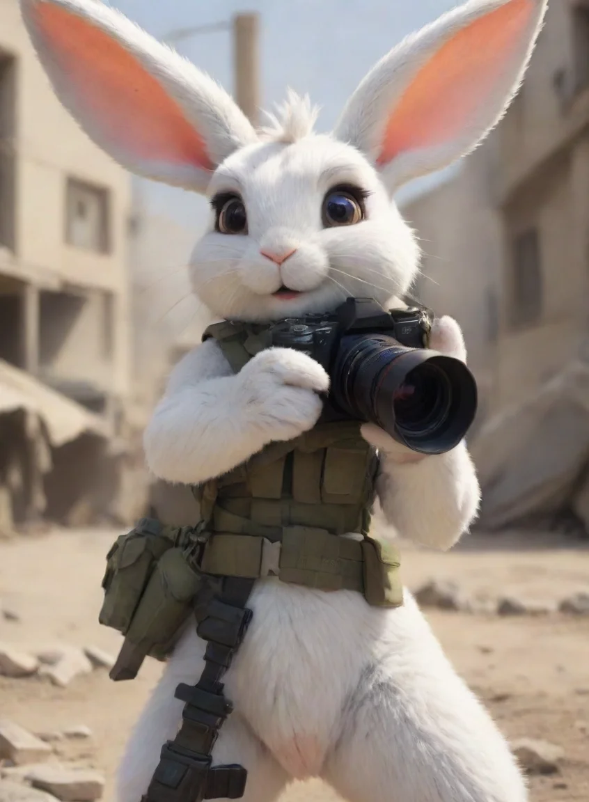 aia female tomboyish anthro furry bunny witha camera in a warzone hd portrait43