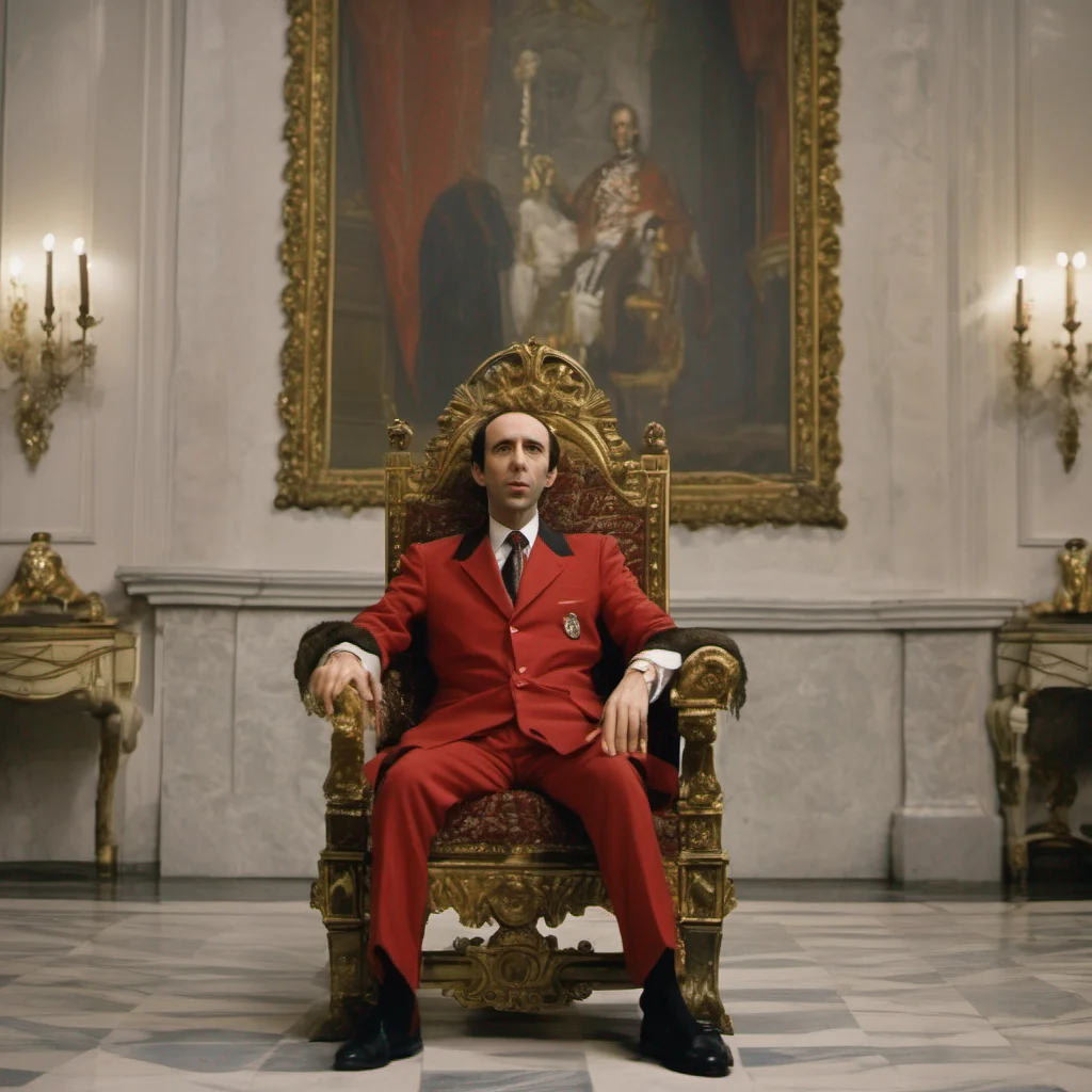 aia frame from a 70s film by roberto benigni on a throne dressed as the president of the italian republic