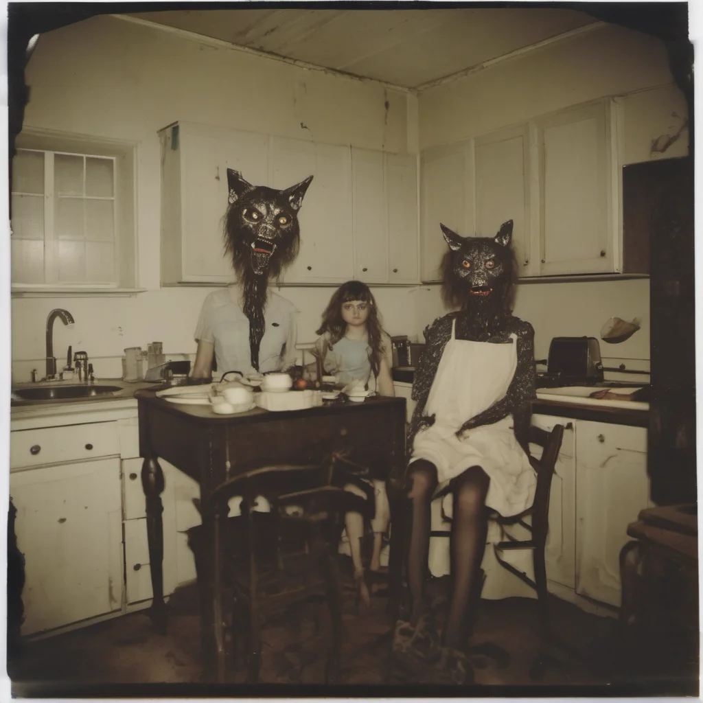 aia giant cypress cat with a mean zombie head in an old kitchen with two scared girls    uncanny horror    polaroid good looking trending fantastic 1