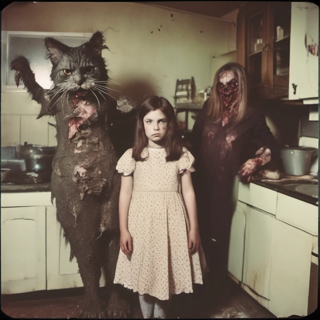 aia giant cypress cat with a mean zombie head in an old kitchen with two scared girls    uncanny horror    polaroid