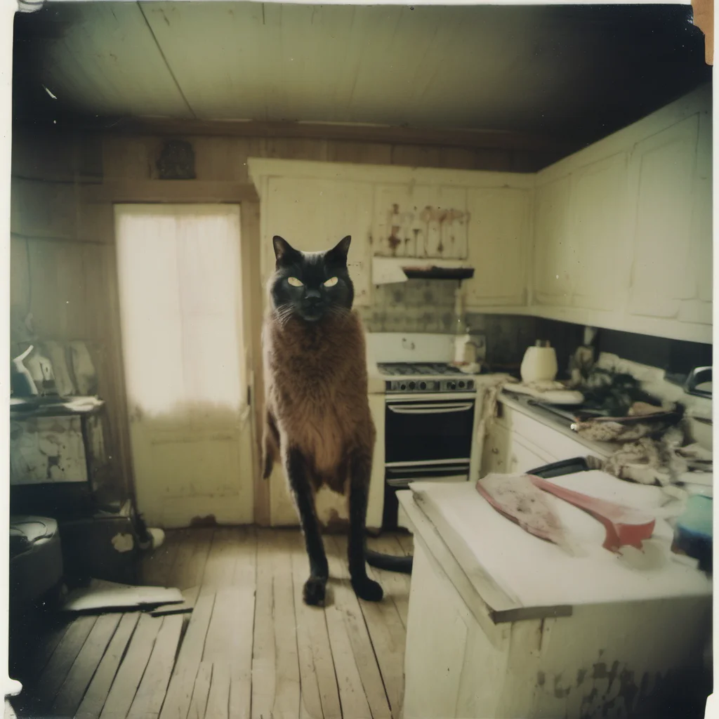 aia giant cypress cat with a mean zombie mask in an old kitchen    uncanny horror    polaroid amazing awesome portrait 2