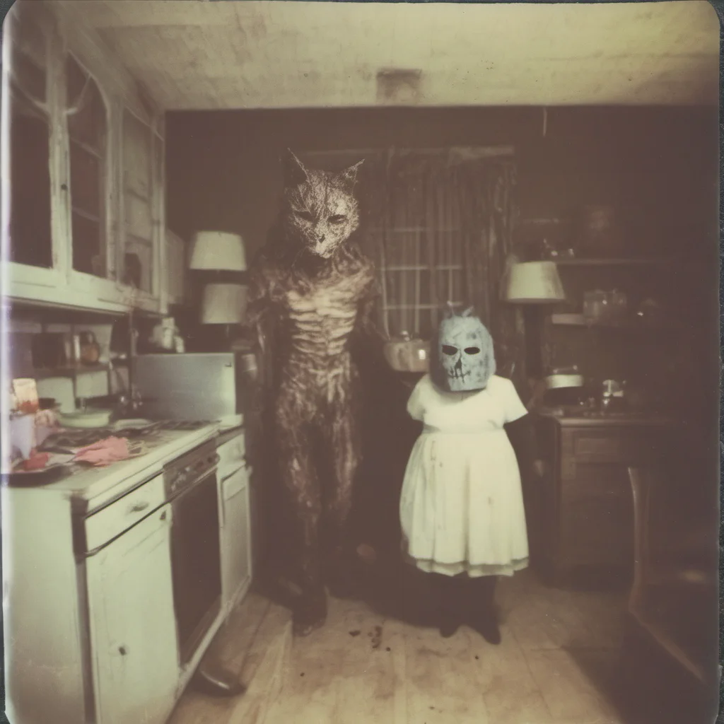 aia giant cypress cat with a mean zombie mask in an old kitchen    uncanny horror    polaroid good looking trending fantastic 1