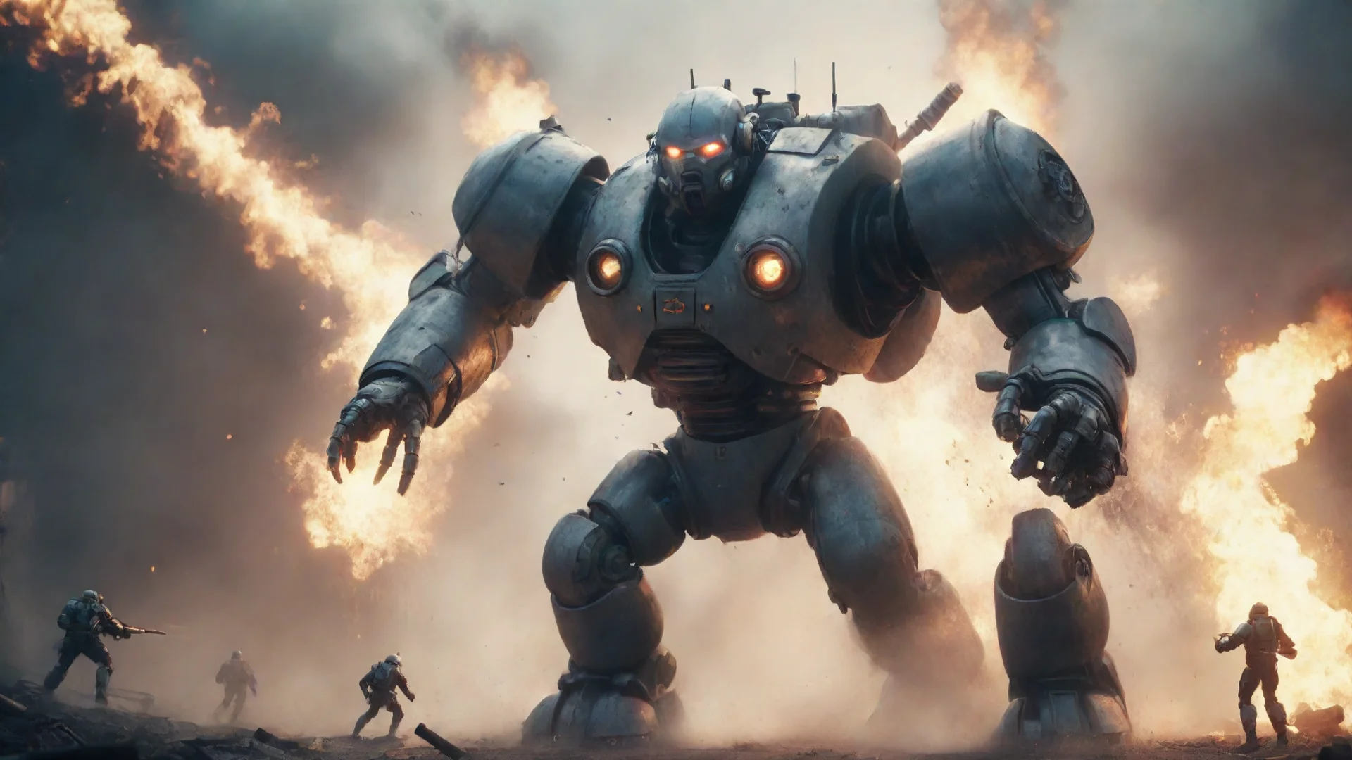 a giant robot diver with pipes round head fight against a huge monster battle explosion blur lens cinematic style grainy octane render concept art hyper wide