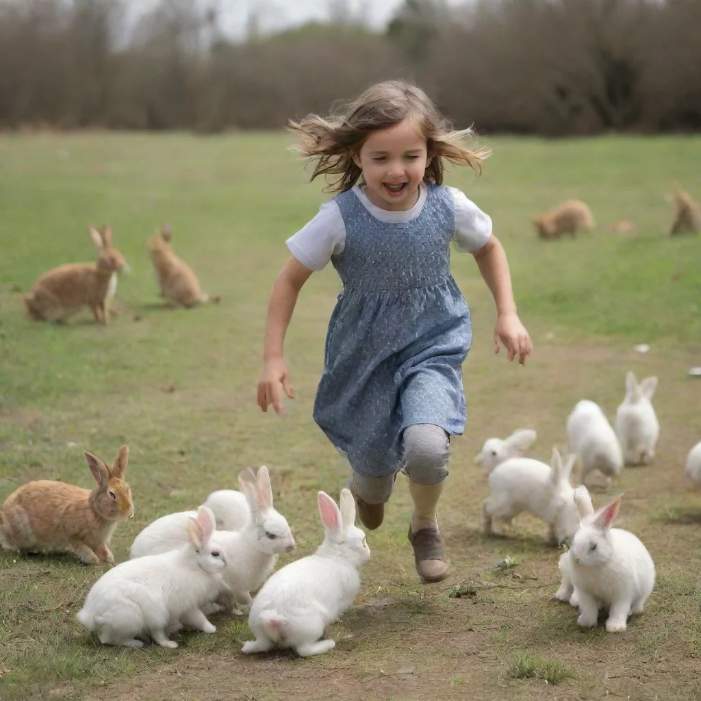 aia girl runs and plays with a group of rabbits.