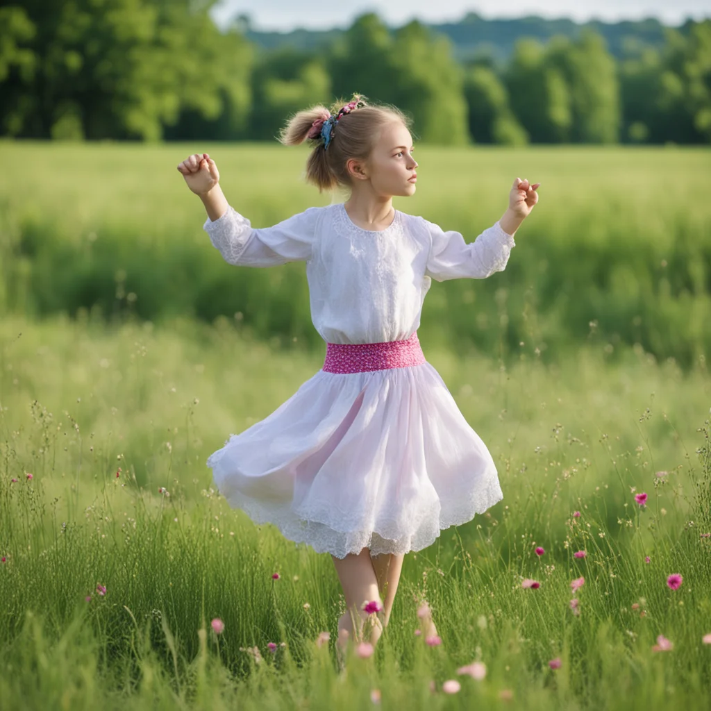aia girl with two pigtails dances a national dance in a meadow confident engaging wow artstation art 3