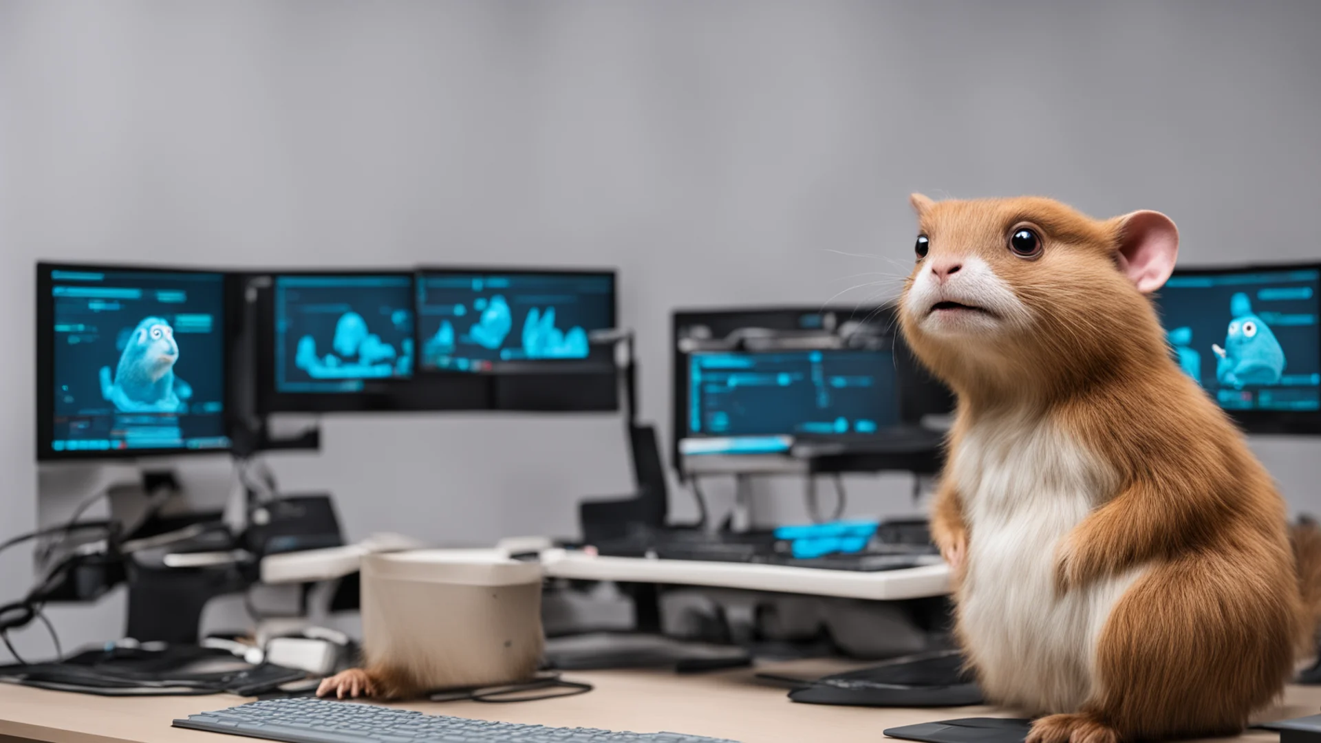 aia golang gopher sitting in front of 3 monitors and a keyboard amazing awesome portrait 2 wide