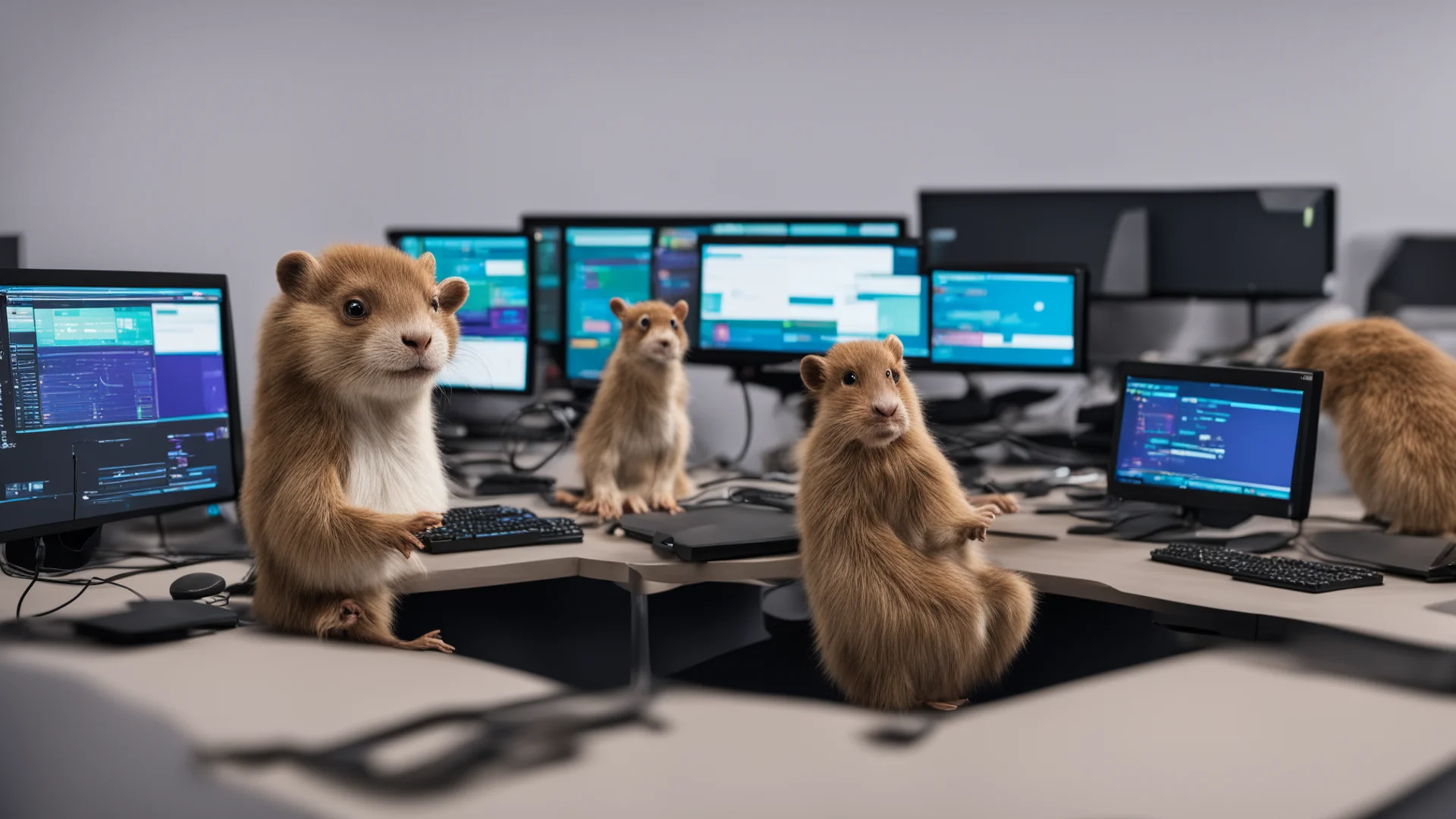 aia golang gopher sitting in front of 3 monitors and a keyboard confident engaging wow artstation art 3 wide