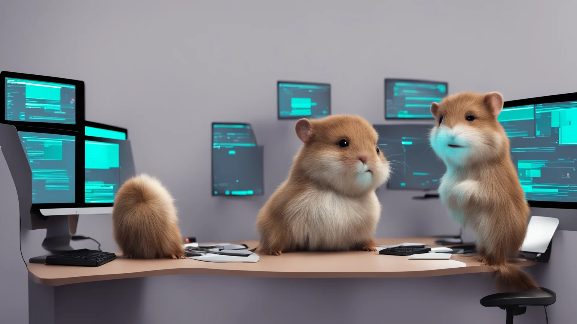 aia golang gopher sitting in front of 3 monitors and a keyboard good looking trending fantastic 1 wide