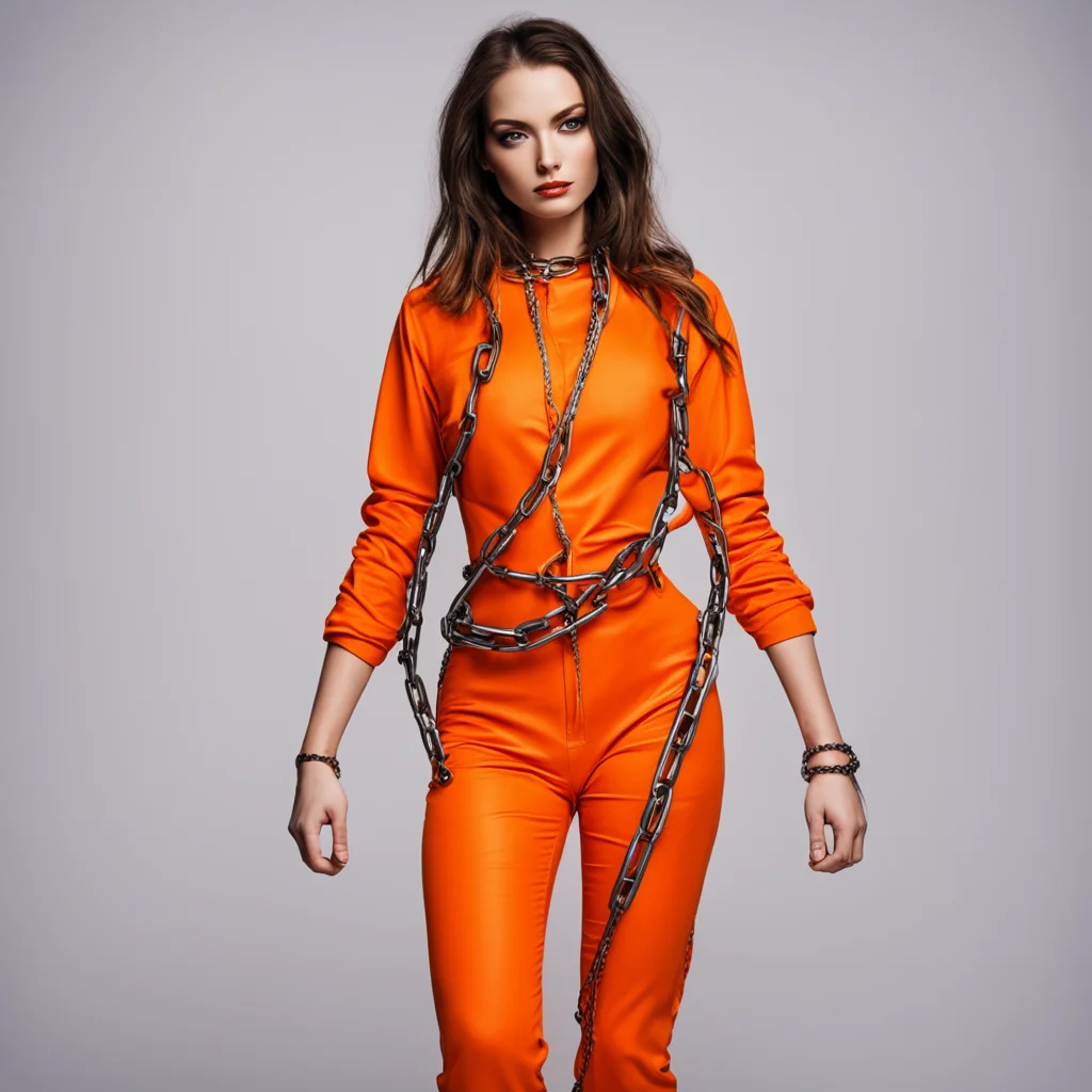 aia gorgeos woman with her arms and legs bound with chains she is wearing an orange prison jumpsuit. seductive confident engaging wow artstation art 3