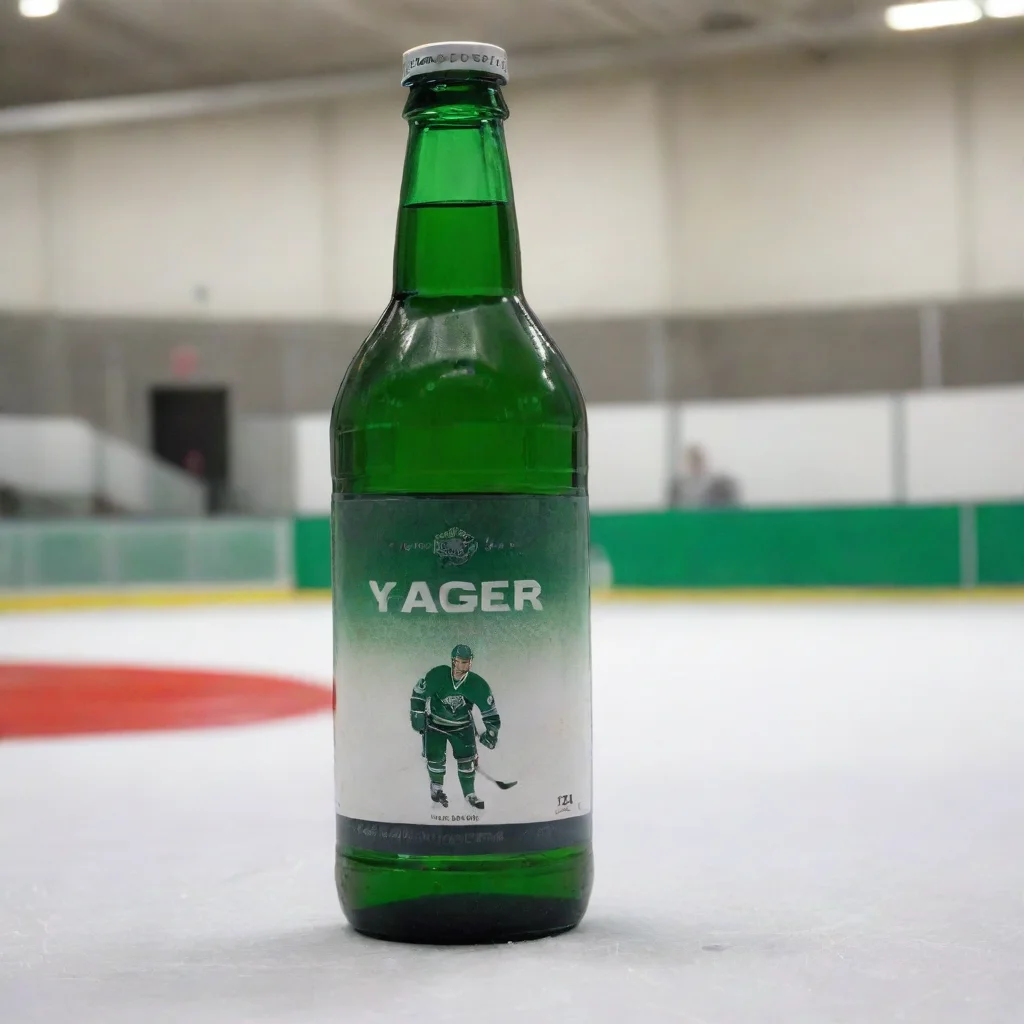 aia green bottle of liquor placed on a hockey rink. the bottle label says yager and has a hockey player on it 