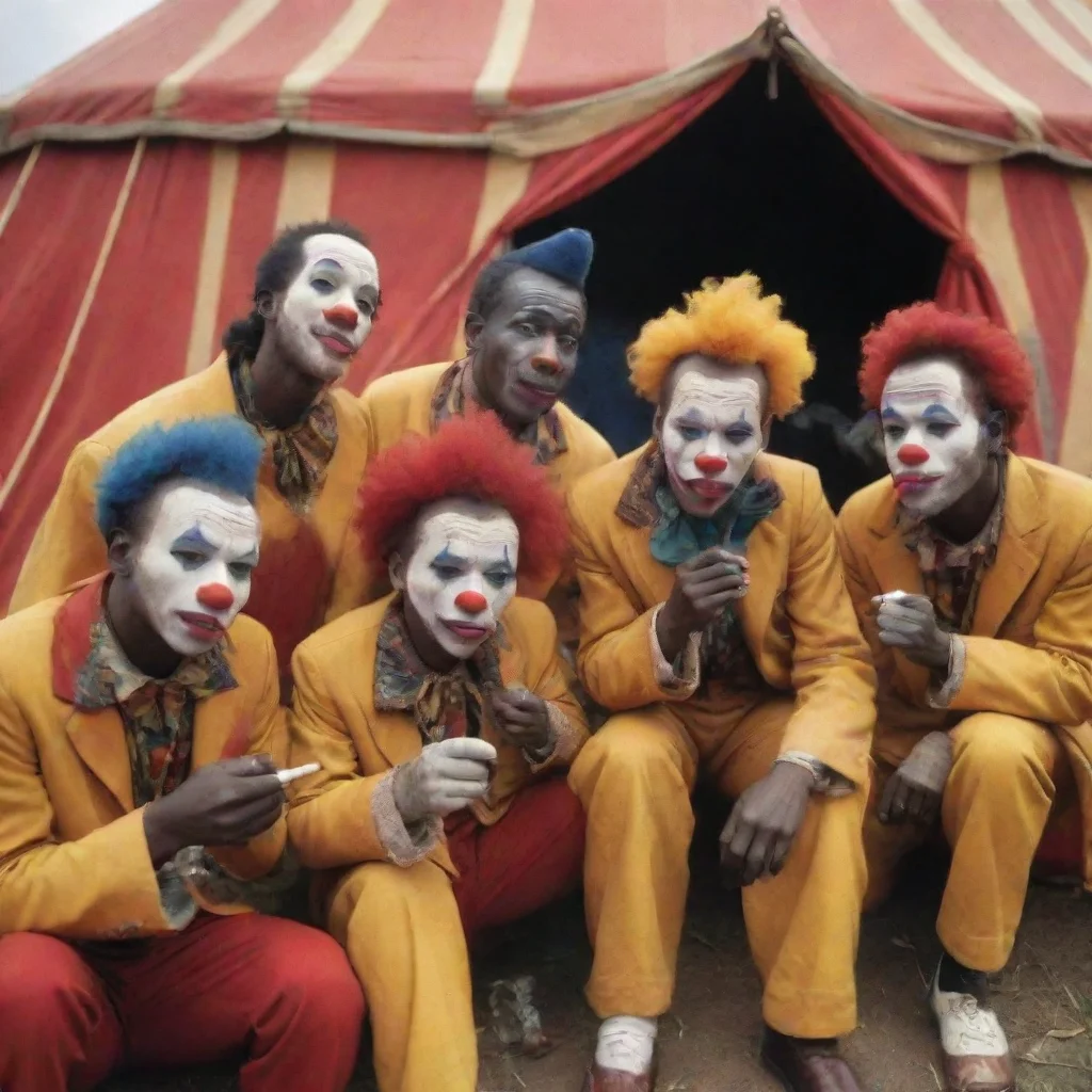 aia group of african clowns smoking cigarettes outside a circus tent