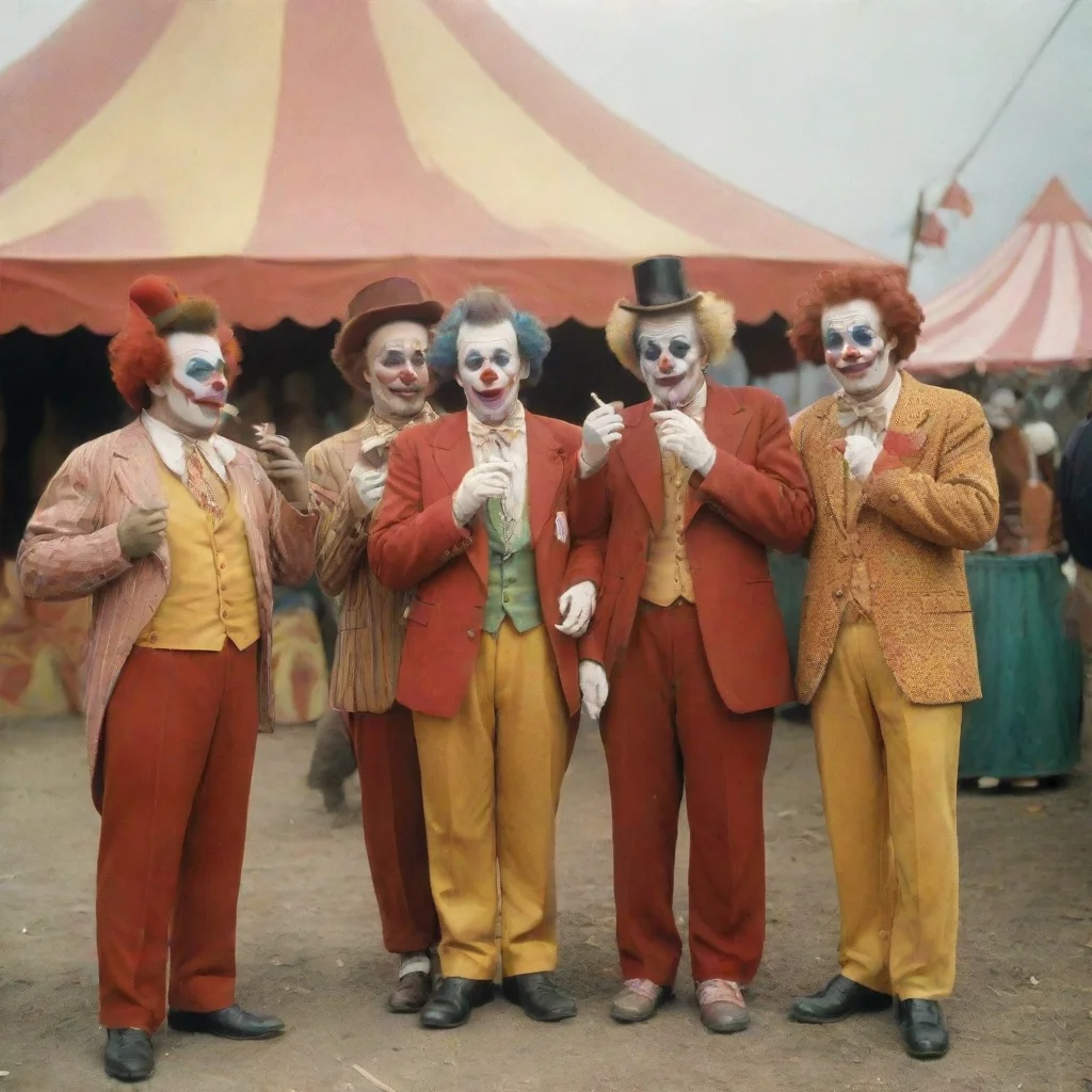 aia group of clowns smoking cigarettes outside a circus tent