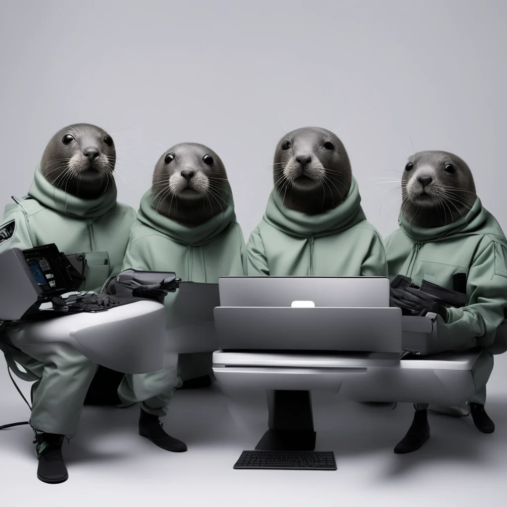 aia group of seals using computers with hacker outfits