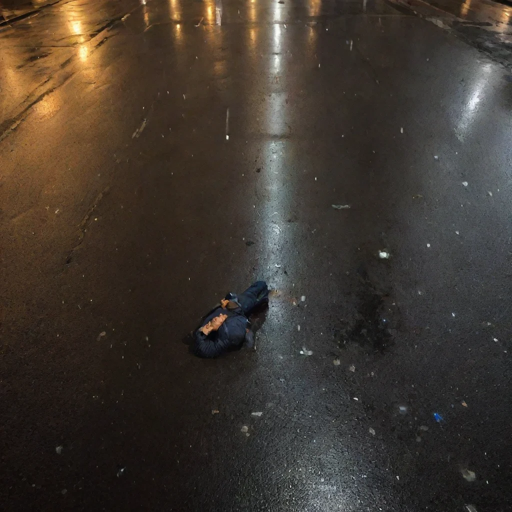 aia guy lying on a puddle on the asphalt seen from above. it is raining and night time with city lights reflected on the asphat.