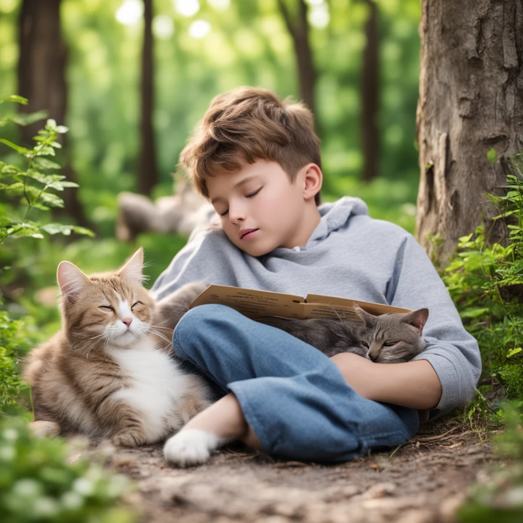 a handsome boy reading a book in nature with a cat sleeping next to him