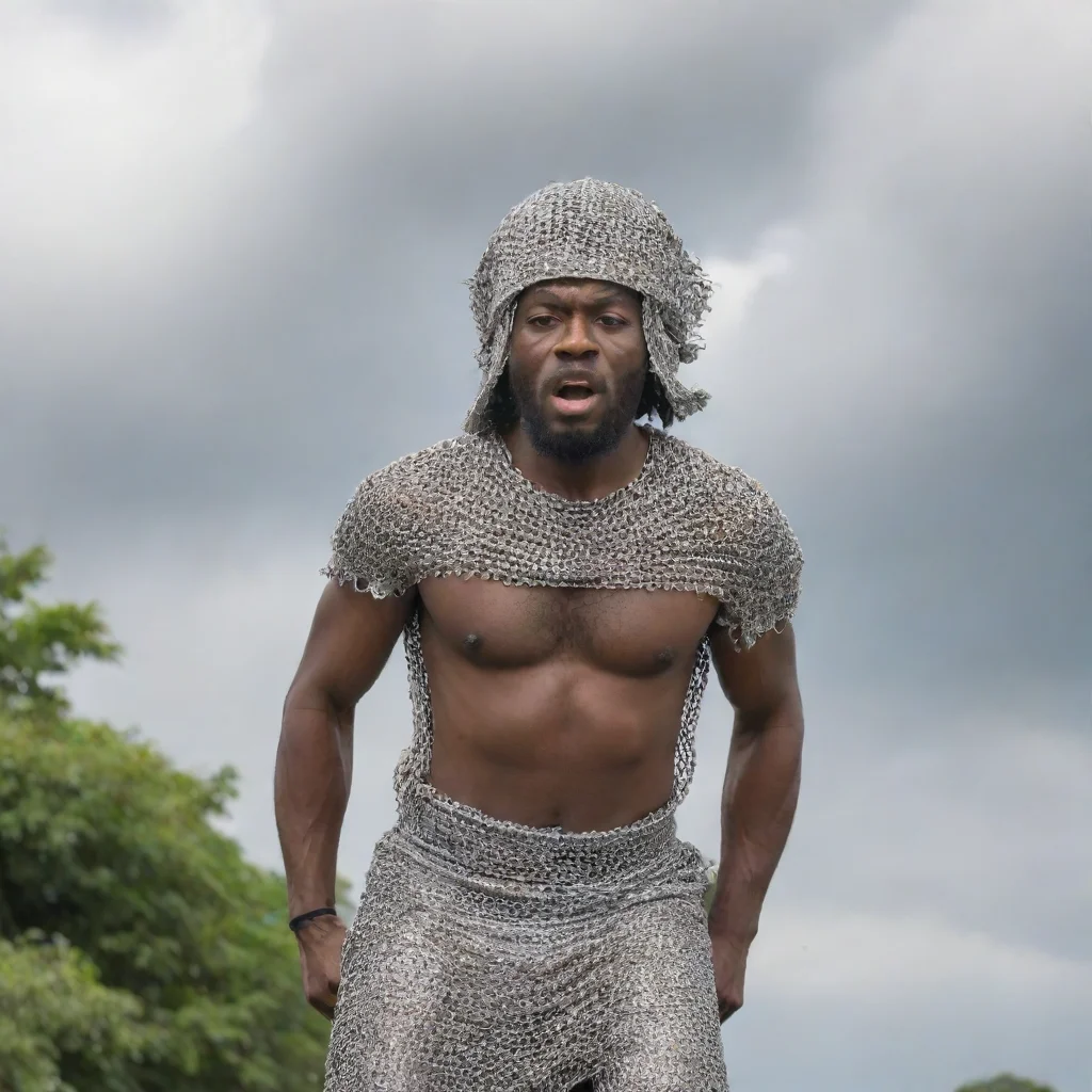 aia jamaicanman wearing chainmail coiffe falling from the sky