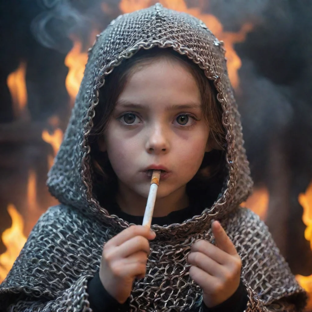 aia little girl wearing chainmail coif smoking a cigarette in hell