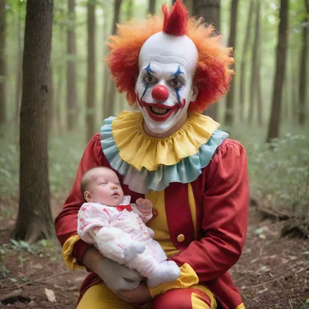 aia male dressed clown with a newborn baby in the woods