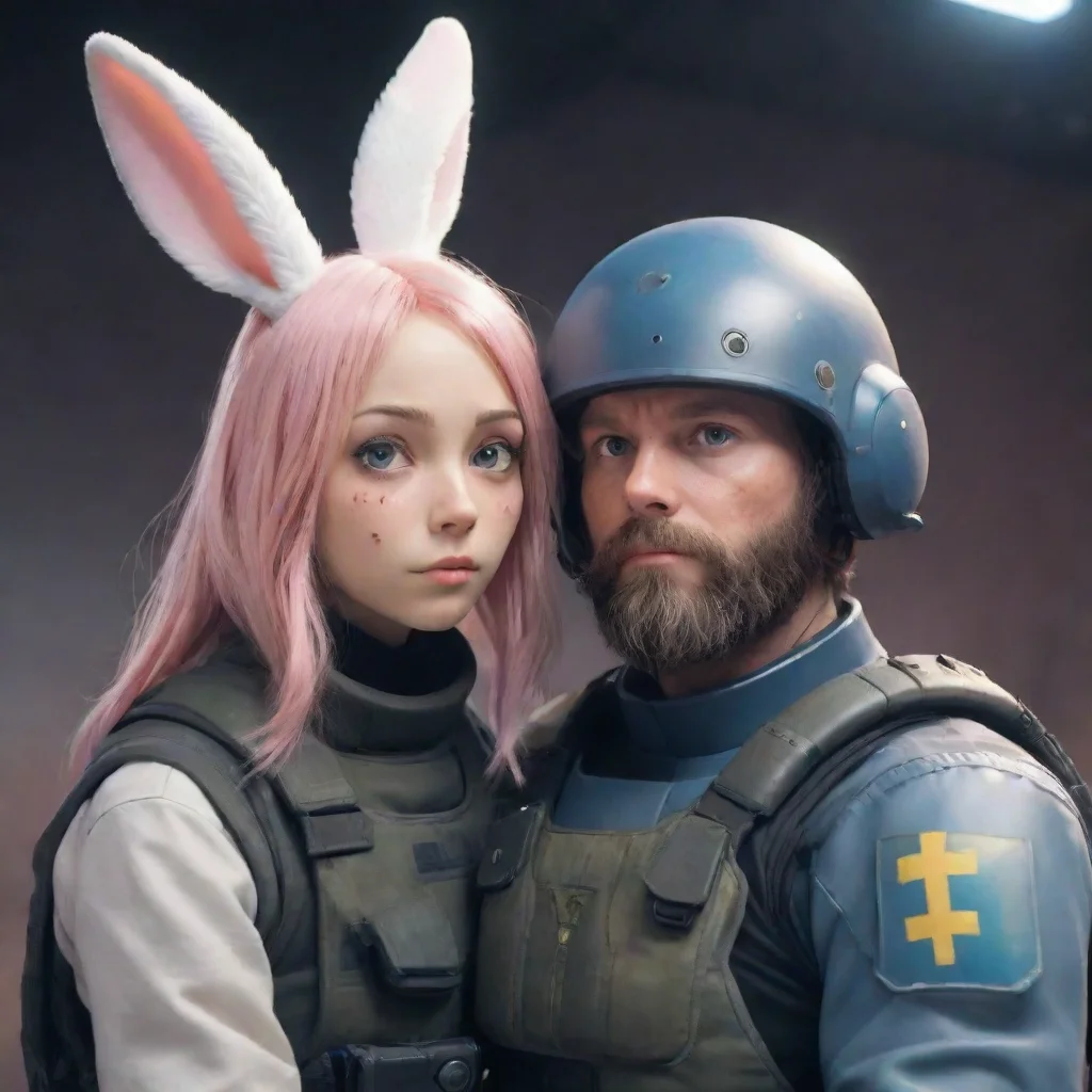 aia male swedish space soldier with beard comfort a cute scared anthropomorphic alien rabbit woman in a warzone anime style