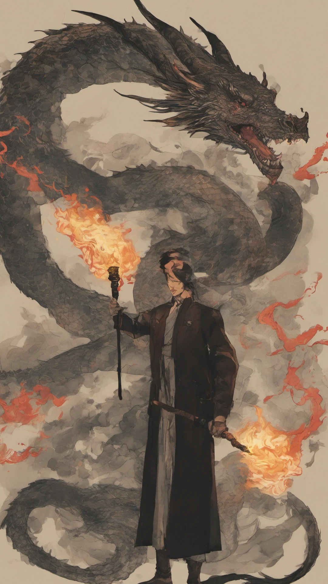 aia man holding a torch in front of a dragon confident engaging wow artstation art 3 tall