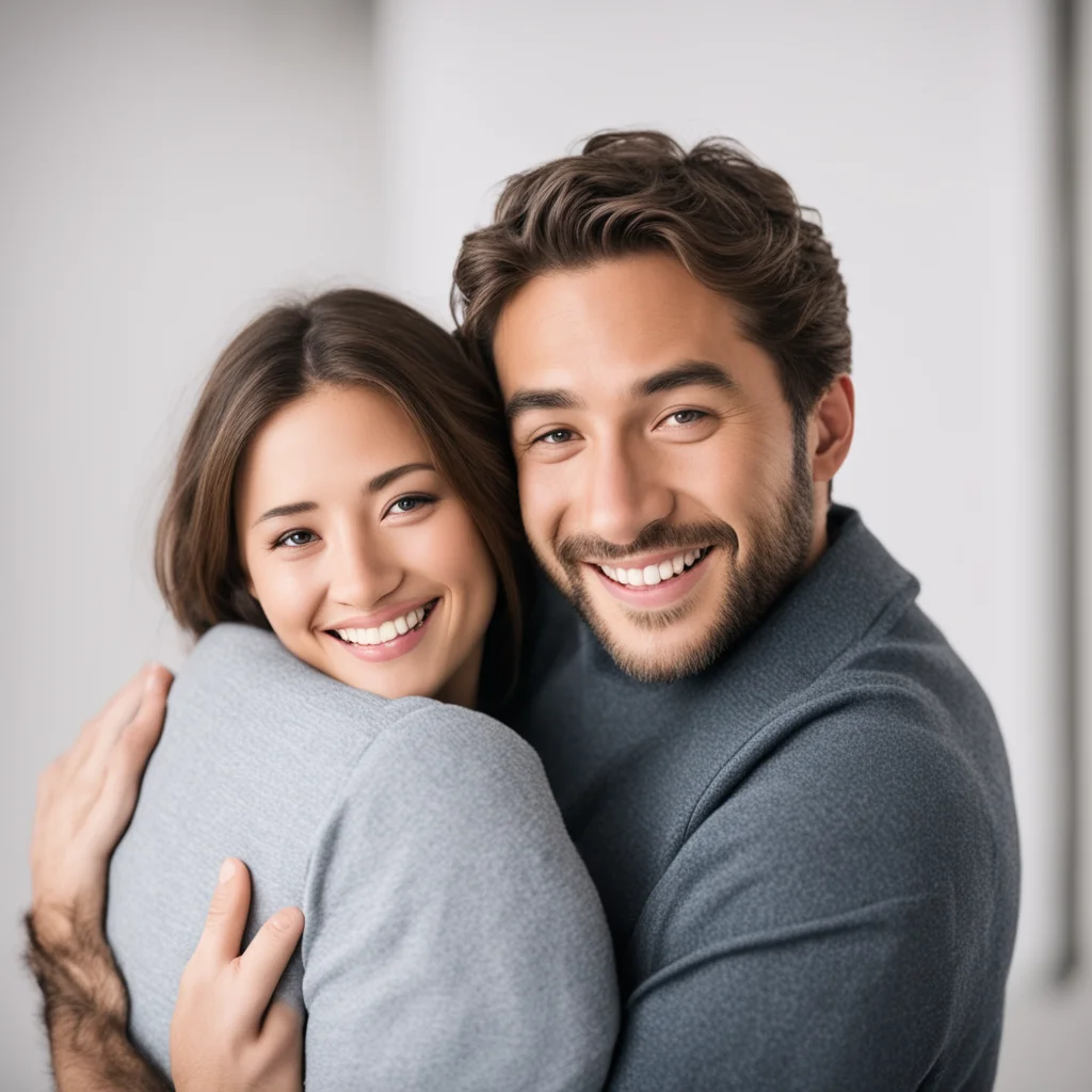 aia man hugs his girlfriend from behind with smile face and they looking towards the camera