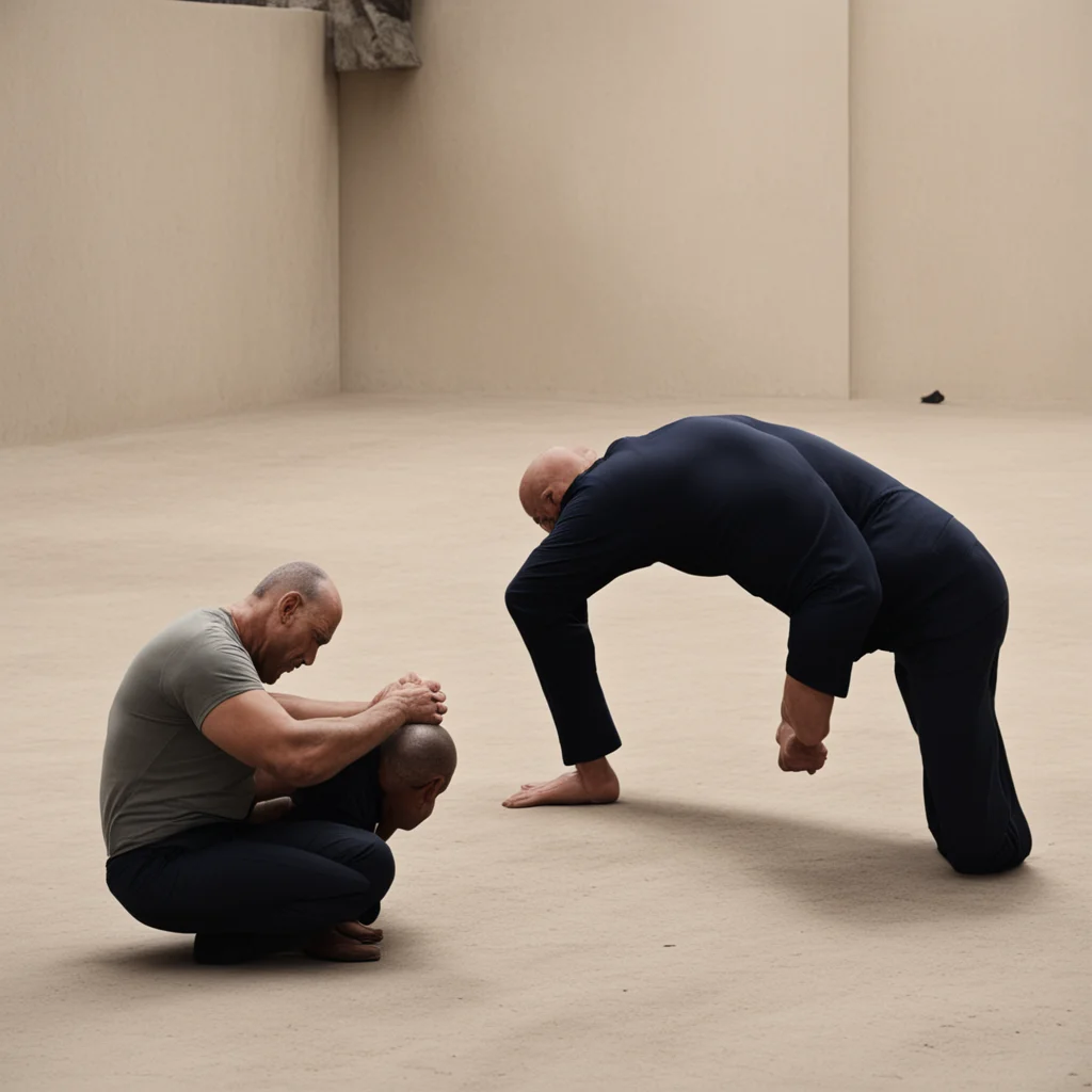 aia man prostrates next to a kneeling man